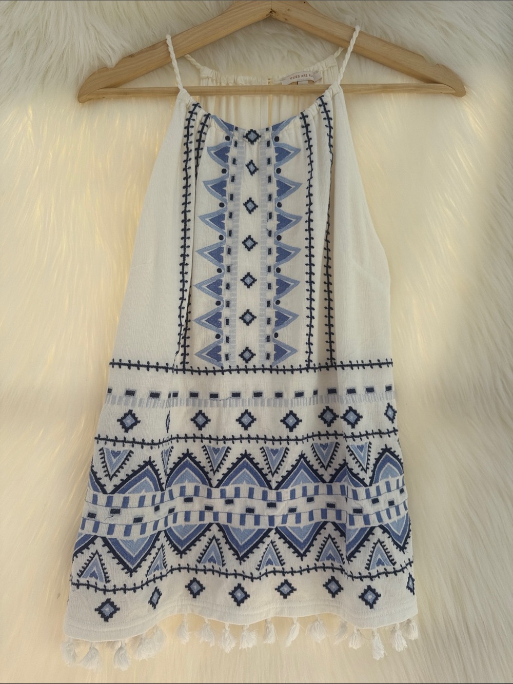 Skies Are Blue White Halter Tank with Blue Embroidery